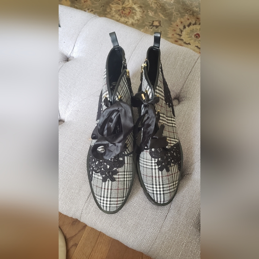 Karl Lagerfeld Black and White Plaid Ankle Boots